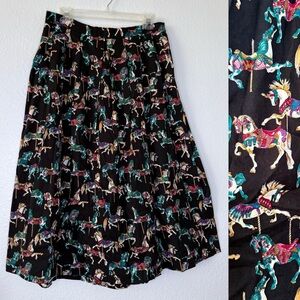 Handmade Vintage Sewn Carousel Horses A-Line Art To Wear Pleated Midi Skirt